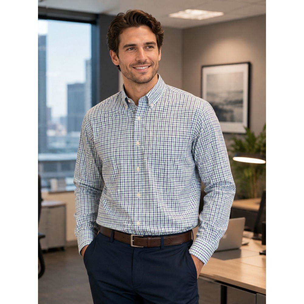 Peter Millar Crown Sport Large Long Sleeve Men's Shirt Plaid Business -87 - Picture 1 of 7